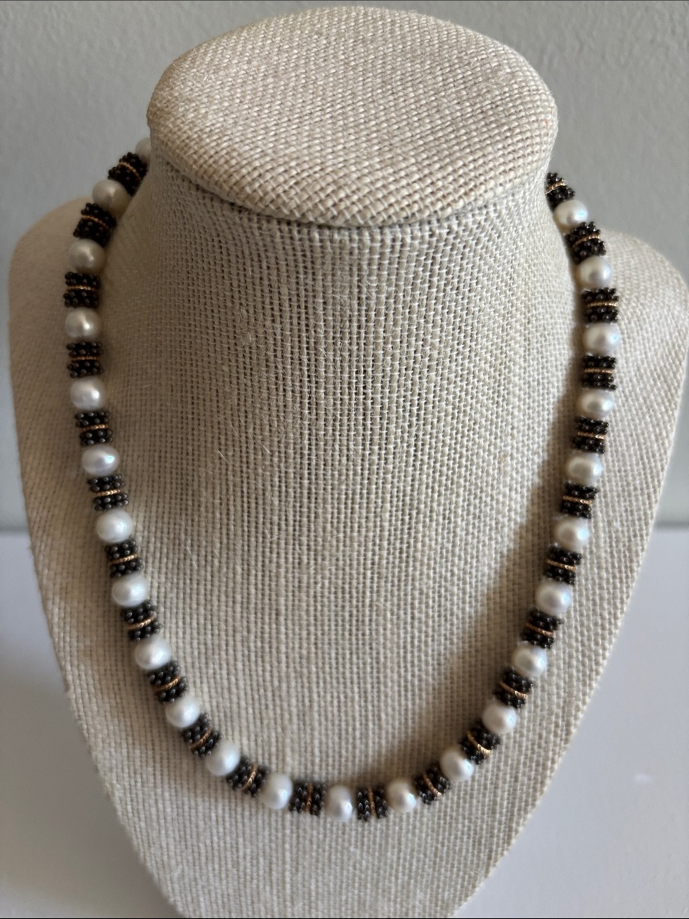 Vintage White Pearl Necklace with Black and Gold Spacer Beads